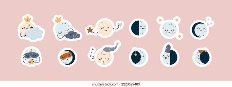 Moon and moon phases. Cute sticker pack. Cartoon vector illustration