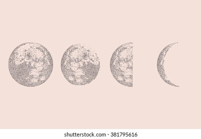 Moon phases decoration. Dotted Space Background. Vector illustration.