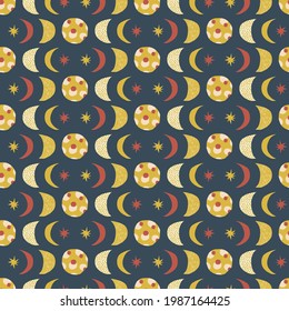 Moon phases decorative vector seamless pattern. Abstract geometric bohemian spiritual print. Celestial lunar Scandinavian childish background.