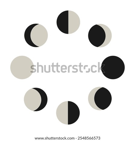 moon phases diagram. new moon, waning crescent, third  quarter, waning gibbous, full moon, waxing gibbous, first quarter, waxing crescent