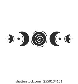 Moon Phases Doodle Symbol. Hand drawn Crescent with flowers lines and dots. Tattoo decorative celestial element. Isolated vector illustration