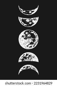 Moon phases drawings on black background in vector, hand drawn illustration of cycle from new to full moon