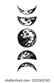 The Moon phases drawings in vector, hand drawn illustration of cycle from new to full moon