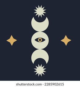 Moon phases, evil eye and stars, Sacred geometry. Magic concept. Vector illustration. Witchcraft minimalist poster