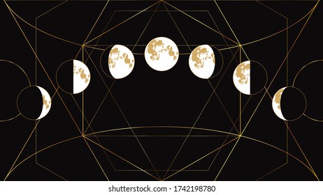 Moon phases flat image on a black background with a geometric golden pattern. Astrological signs of the full moon.