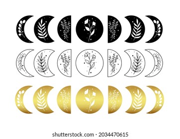 Moon phases with floral. Bohemian phases of the moon illustration. Silhouette and outline