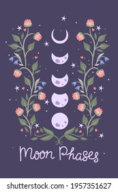 Moon phases and flowers on a purple background. Vector graphics.