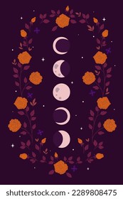 Moon phases and flowers on a purple background. Vector graphics.