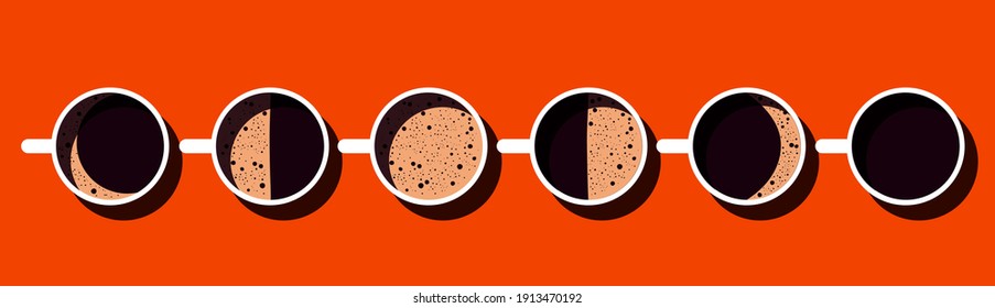 Moon phases in the form of coffee cups on a bright background. Vector illustration in minimalistic style. Concept for banner, poster, card, design.
