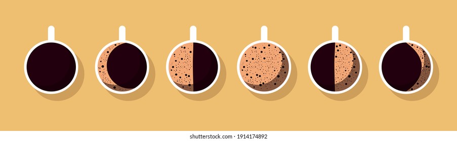 Moon phases in the form of coffee cups. Vector illustration in minimalistic style. Concept for banner, poster, card, design.
