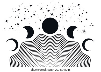 Moon phases, geometric waves, abstract contemporary seashell background. Black tattoo color. Boho wall decor modern minimalist art print. Organic natural shape. Magic concept vector isolated on white