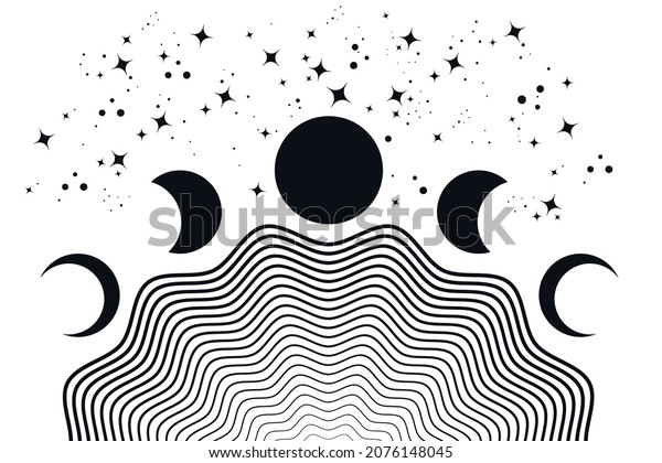 Moon phases, geometric waves, abstract contemporary seashell background. Black tattoo color. Boho wall decor modern minimalist art print. Organic natural shape. Magic concept vector isolated on white