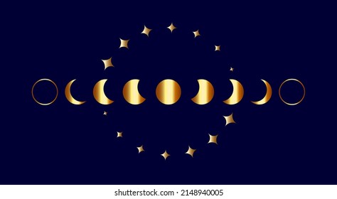 Moon Phases gold border frame, wicca banner sign. Triple moon pagan Wiccan goddess symbol, Sacred geometry, wheel of the year and golden stars, vector isolated on blue background 