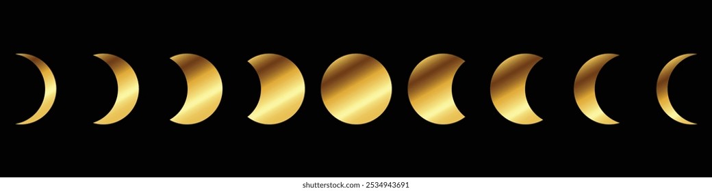 Moon phases gold flat icon illustration isolated on black background.