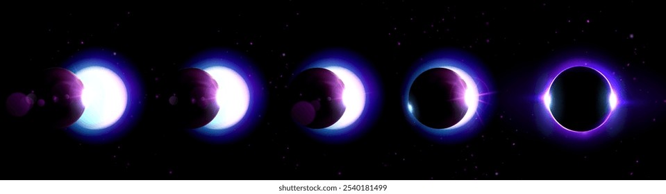 Moon phases gradually cover solar disc. Celestial eclipse progression on starlit background. Luminous sun creates glowing corona effect. Realistic 3d natural phenomenon in five sequential stages.