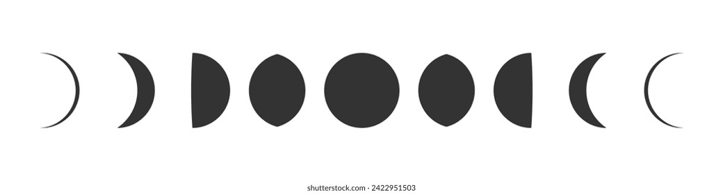 Iconos gráficos de las fases de la luna. Diferentes signos aislados de fase lunar sobre fondo blanco. Ilustración del vector