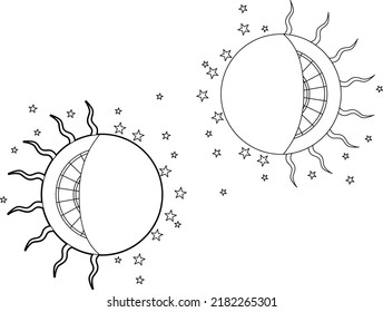 Moon phases. Half moon, quarter moon. Esoteric image for magical and astrological charts. Vector linear illustration isolated on white background