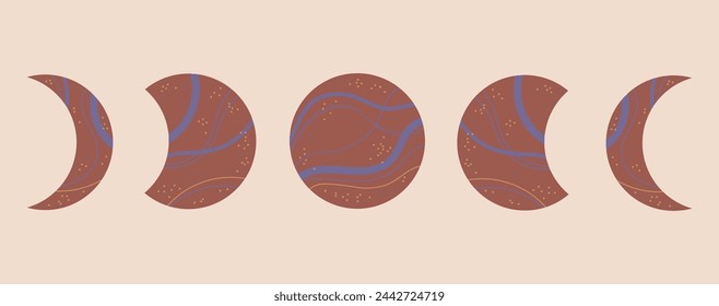 Moon phases hand drawn decorative astronomy icon set Vector Illustration. Doodle with new and full Lunar month symbol. Boho style,  ornamental texture for sign, card, paper, flyer, print, poster