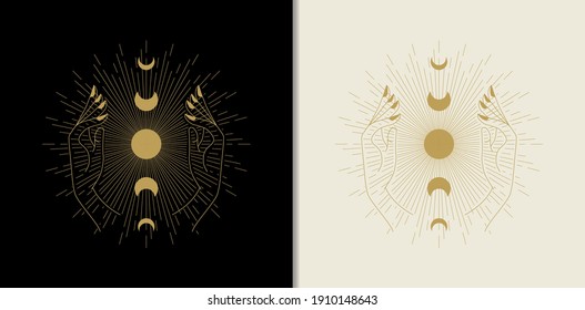 Moon phases hold by hand with rays. Abstract engraving illustration with esoteric, boho, spiritual, geometric, astrology, magic themes, for tarot reader, card or posters