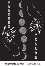 Moon Phases holding by fortune teller hands pirnt - Mystic themed hand drawn vector pattern - Hands with nails and rings