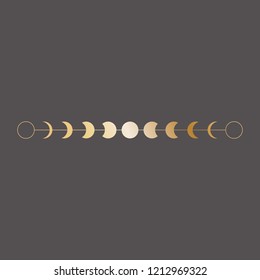 Moon phases icon, border, vector illustration in boho style. Golden on dark background