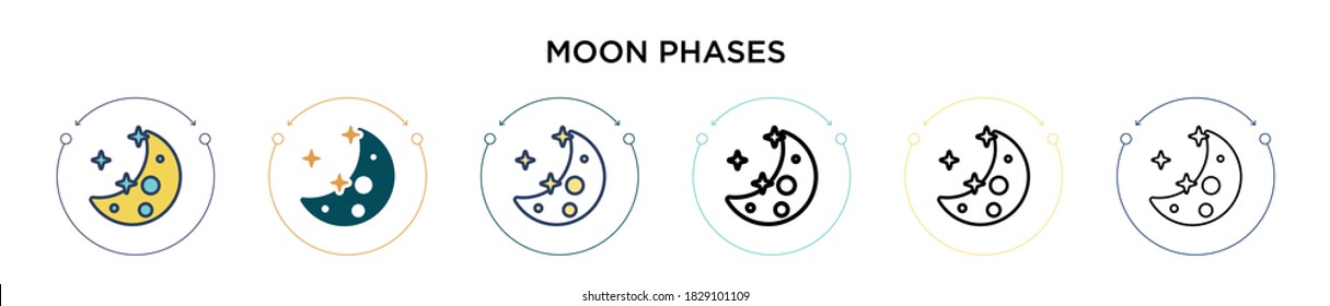 Moon phases icon in filled, thin line, outline and stroke style. Vector illustration of two colored and black moon phases vector icons designs can be used for mobile, ui, web