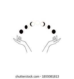 Moon Phases Icon Night Space Astronomy And Nature Moon Phases Sphere Shadow. The Whole Cycle From New Moon To Full Moon With Woman Hands One Line Draw. Vector Emblem In A Minimal Linear Style.