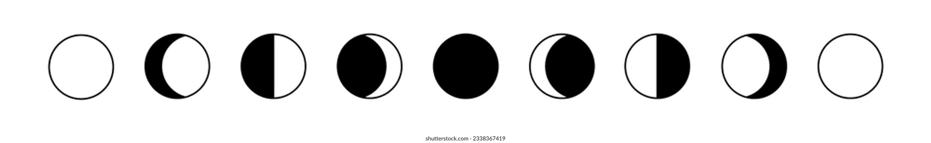 Mondphasen Ikone Nachtraumastronomie und Naturmond Phasen Sphären Schatten. Der ganze Zyklus vom Neumond bis zum Vollmond. Gibbbous-Symbol-Vektorgrafik