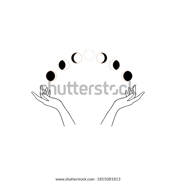 Moon phases icon night space astronomy and nature\
moon phases sphere shadow. The whole cycle from new moon to full\
moon with woman hands one line draw. Vector emblem in a minimal\
linear style.