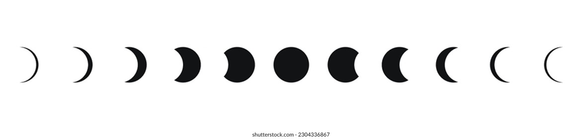 Moon phases icon set. Cartoon lunar phases silhouettes collection. Astronomy sign. Full and crescent moon symbol. Vector illustration