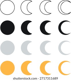 Conjunto de iconos de fases lunares, símbolos de luna llena y media luna celestial, Ilustración vectorial plana