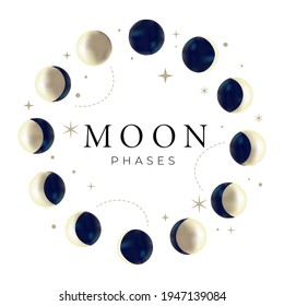 Moon phases icon set on white background. Astronomy cycle of the moon with mystical elements. Aesthetic magical space elements. Hand drawn Vector illustration. 