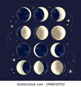 Moon phases icon set on navy blue background. Astronomy cycle of the moon with mystical elements. Aesthetic magical space elements. Hand drawn Vector illustration.