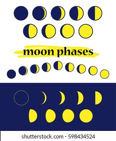 Moon phases icon. Whole cycle from new moon to full moon. Moon phases on white and dark background.