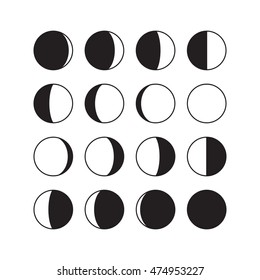 Moon phases icons. Astronomy lunar symbols isolated over white background. Whole cycle from new to full moon. Crescent and gibbous signs. Vector eps8 illustration.