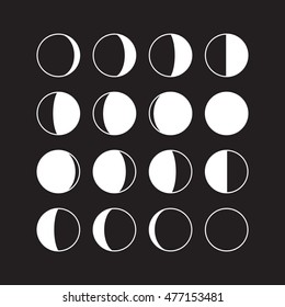 Moon phases icons. Astronomy lunar symbols isolated over dark night background. Whole cycle from new to full moon. Crescent and gibbous signs. Vector eps8 illustration.