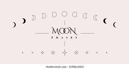 Moon phases icons. Lunar cycle minimal geometric collection, Moon calendar with magic abstract twinkle sparkling star symbols. Vector boho illustration