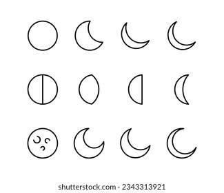 Mondphasen-Symbole. Mondphase. Die Form der Sonne, wenn die Sonnenfinsternis auftritt. Nachtraumastronomie und Naturmondphasen. Der ganze Zyklus von Neumond bis Vollmond