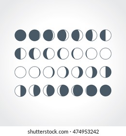 Moon phases icons. Set of astronomy lunar symbols isolated over white background. Whole cycle from new to full moon. Crescent and gibbous signs. Vector eps8 illustration.