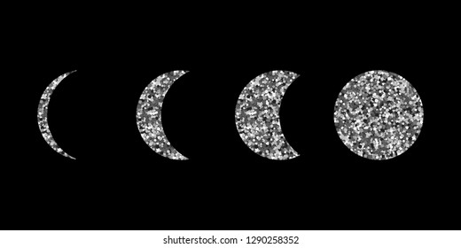 Moon phases. Icons set. Black background. Silver spangle Vector illustration