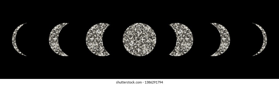 Moon phases icons set. Black background. Silhouette of silver spangle. Vector illustration.