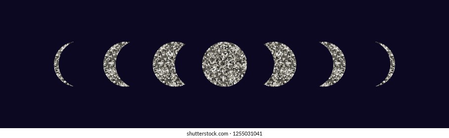Moon phases icons set. Dark blue background. Silhouette of silver tinsel. Vector illustration.