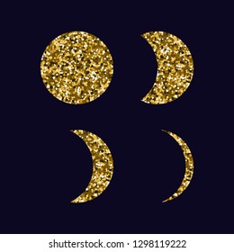 Moon phases. Icons set. Dark background. Gold sequins Vector illustration