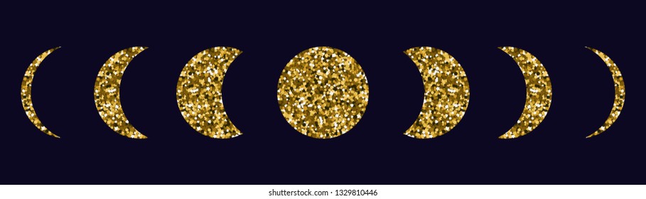 Moon phases icons set. Dark background. Silhouette of gold sequins. Vector illustration.