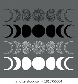 Moon phases icons set. Engraving and dotwork style. Flat hand drawn vector.