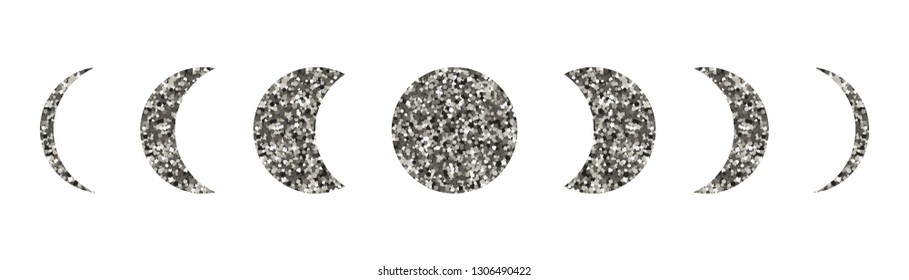 Moon phases icons set. White background. Silhouette of silver glitter. Vector illustration.