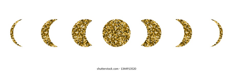 Moon phases icons set. White background. Silhouette of golden sequins. Vector illustration.