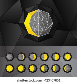 Moon phases icons in a triangular style with white wireframe.
