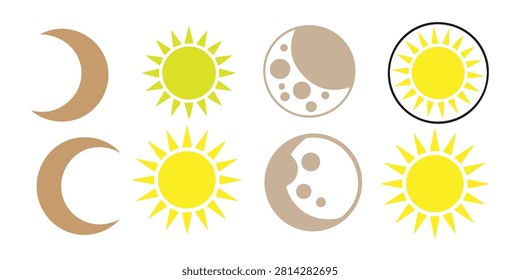 Moon phases illustrated alongside sun symbols. Includes crescent, gibbous, and full moon depictions with crater details.