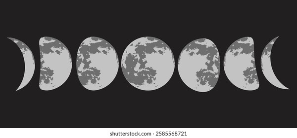 Moon Phases Illustration: Waxing Crescent, First Quarter, Waxing Gibbous, Full Moon, Waning Gibbous, Last Quarter, Waning Crescent - Detailed Lunar Cycle Representation